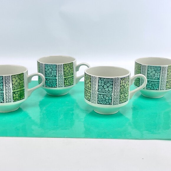 Vintage 60s Broadhurst England mugs, cream teal green, Corinth pattern, set of 4 - Picture 5 of 9